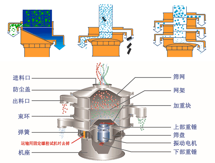 不銹鋼旋振篩結(jié)構(gòu)展示：篩網(wǎng)，出料口，束環(huán)，彈簧，防塵蓋，機(jī)座等