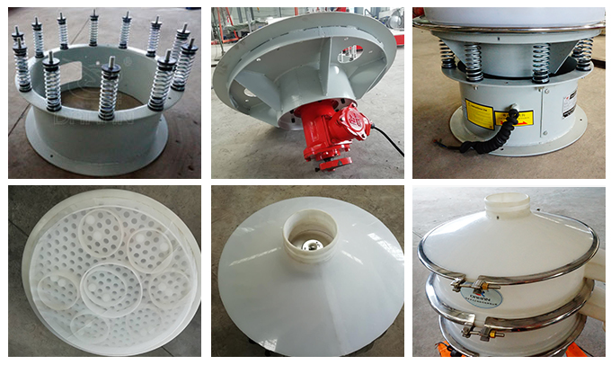塑料振動篩彈簧底座安裝，振動電機安裝，篩網(wǎng)，防塵蓋等安裝圖片展示